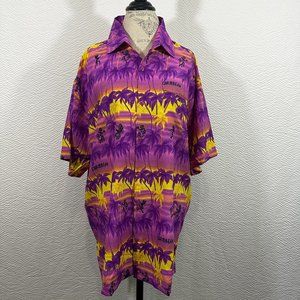 Vintage Mens Hawaiian print Shirt Island Palm Trees purple yellow Caribbean 2XL